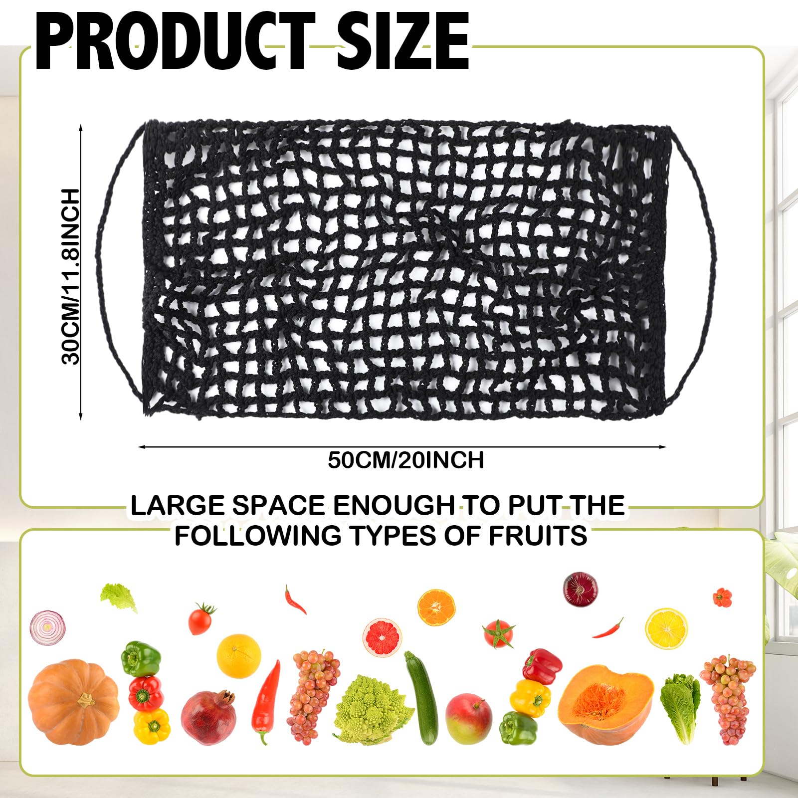 Xuhal elastic mesh fruit storage close-up reveals breathable, roomy capacity