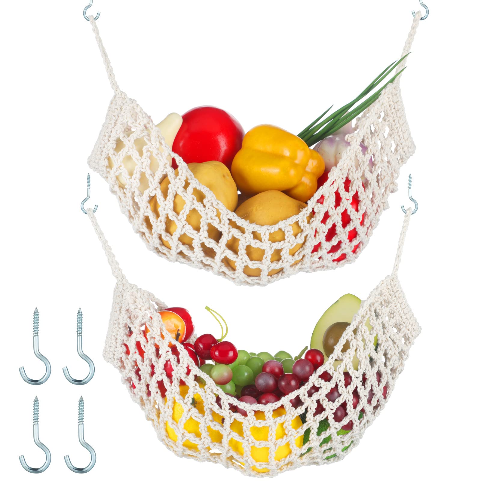 Xuhal two-pack macrame fruit hammocks under cabinet for clutter-free counters.
