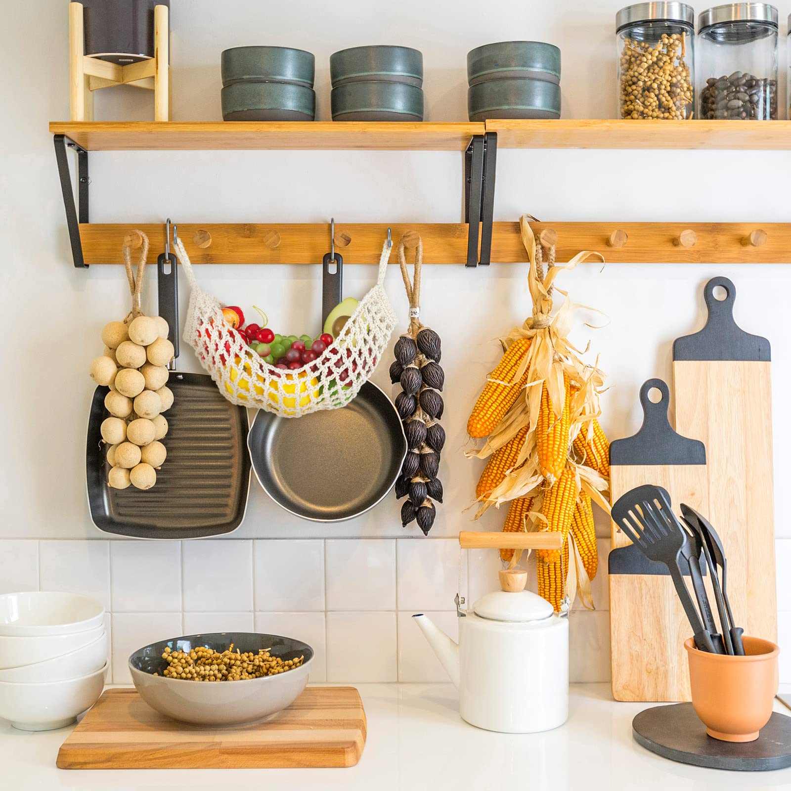 Xuhal wooden-style hanging basket complements kitchen decor and storage.