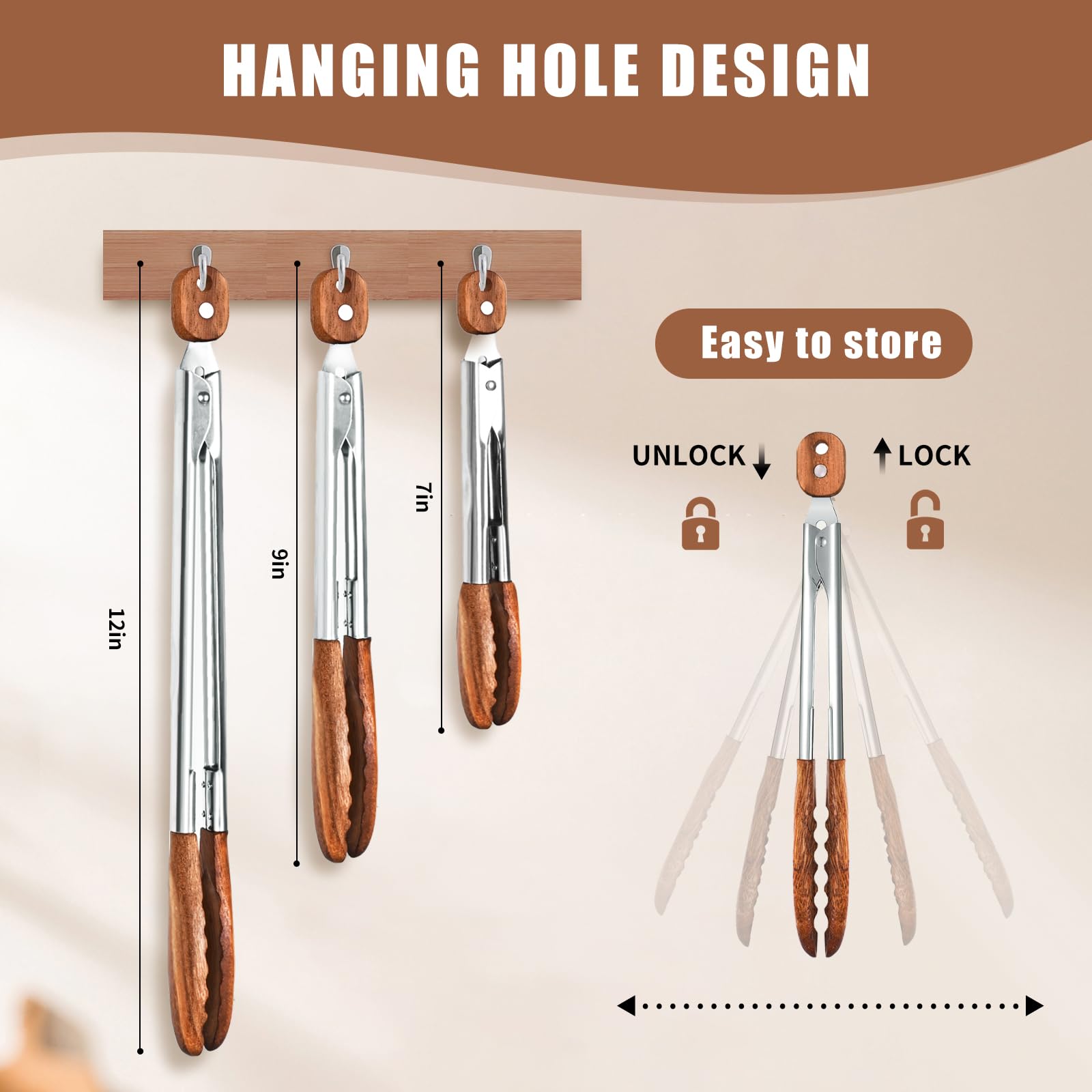 XUJKK 7-inch wooden tongs showing compact grilling and flipping capability