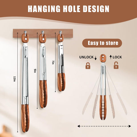 XUJKK 7-inch wooden tongs showing compact grilling and flipping capability