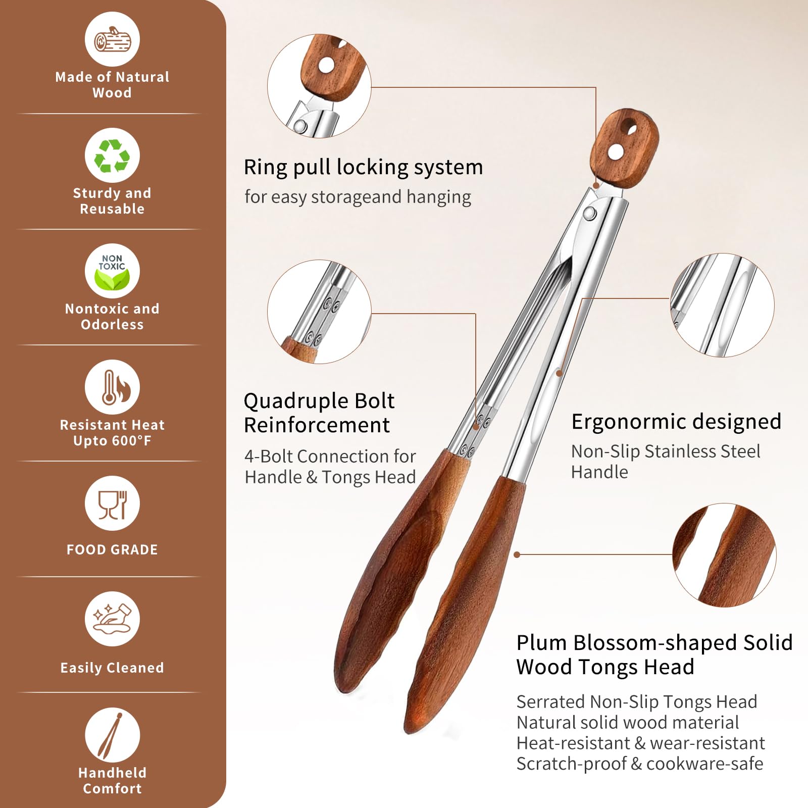 XUJKK wooden tongs with non-scratch tips protect cookware