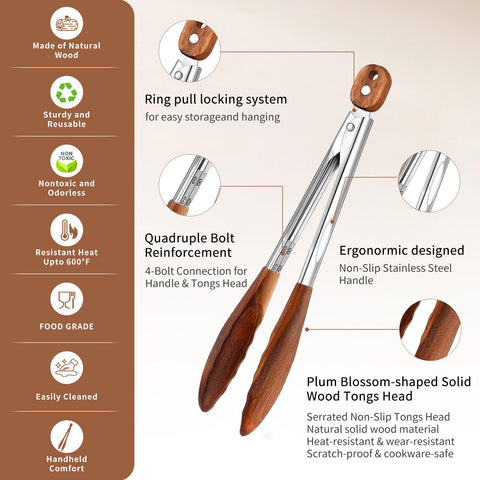 XUJKK wooden tongs with non-scratch tips protect cookware