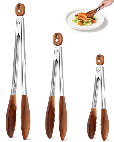 XUJKK wooden tongs set of 3 in walnut with ergonomic grip for grilling and serving