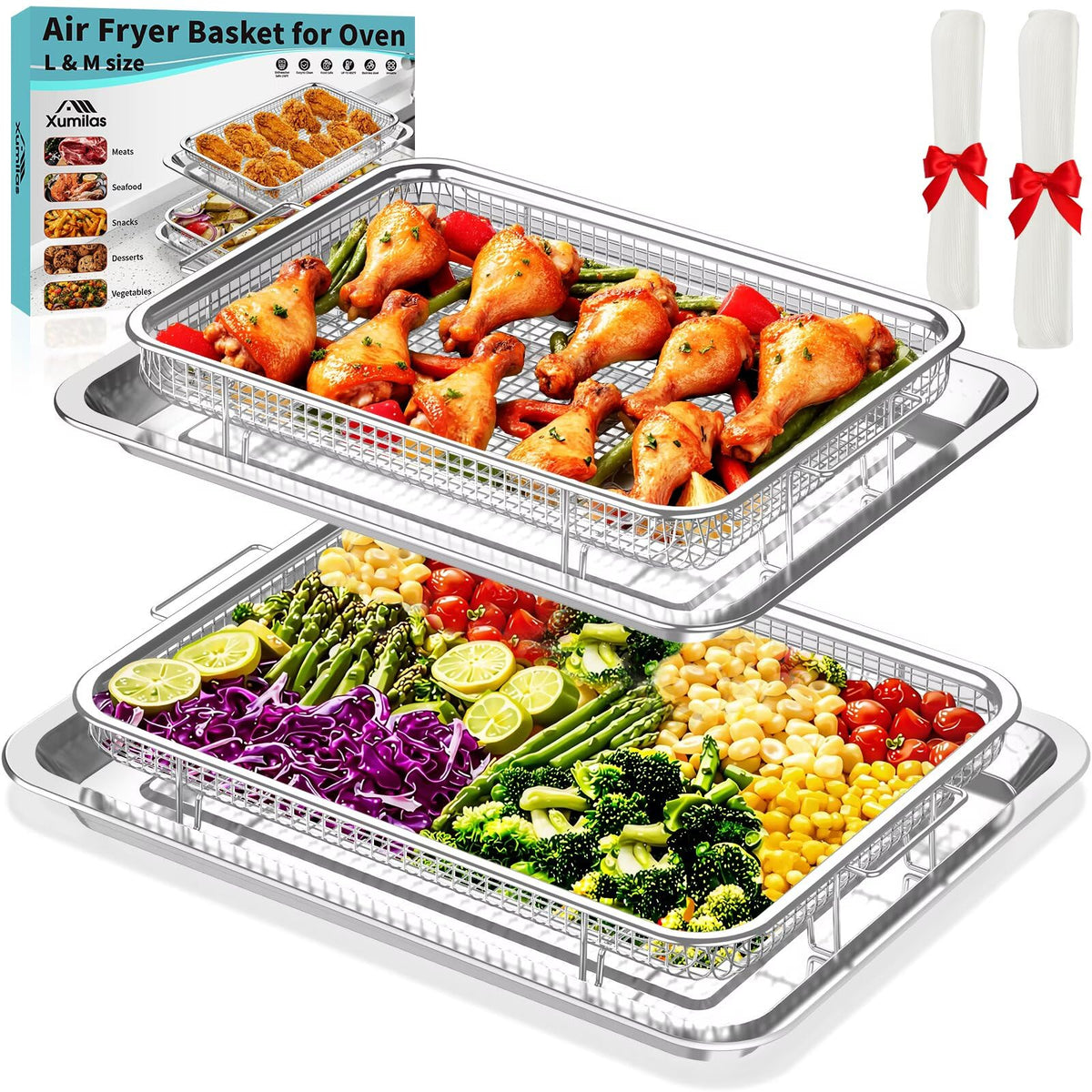 Xumilas air fryer basket for oven in large and medium setup for family meals.