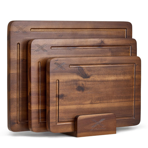 Xushro acacia cutting boards set, top view with stand for fast access.