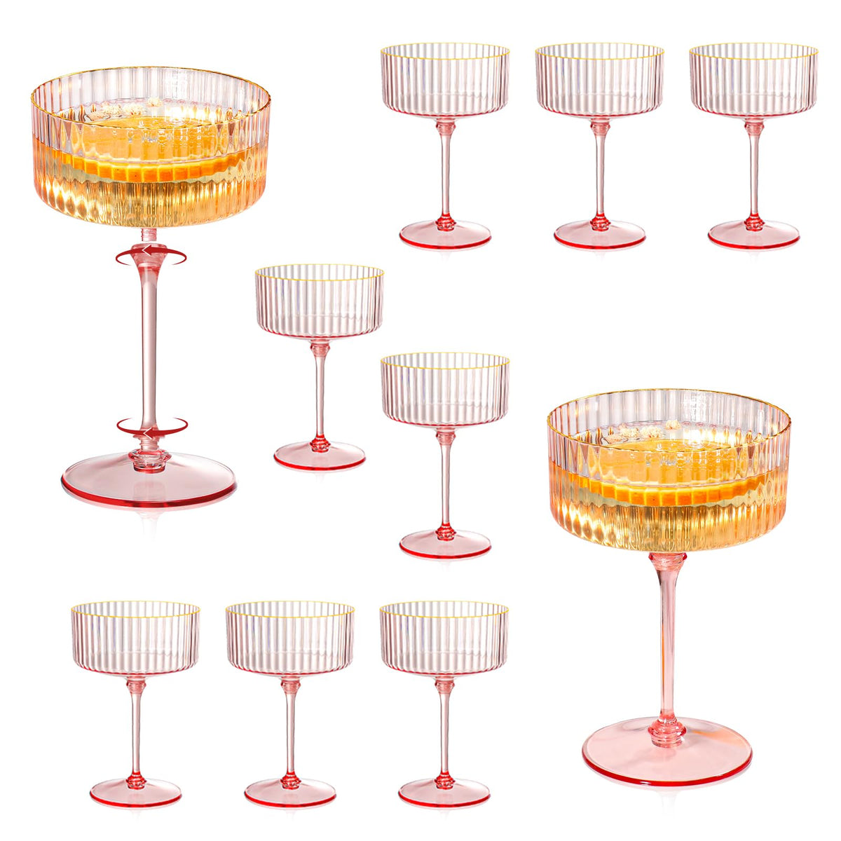 XUWAIDSGN 12-piece champagne glasses with pink glass and gilded rim for elegant toasts