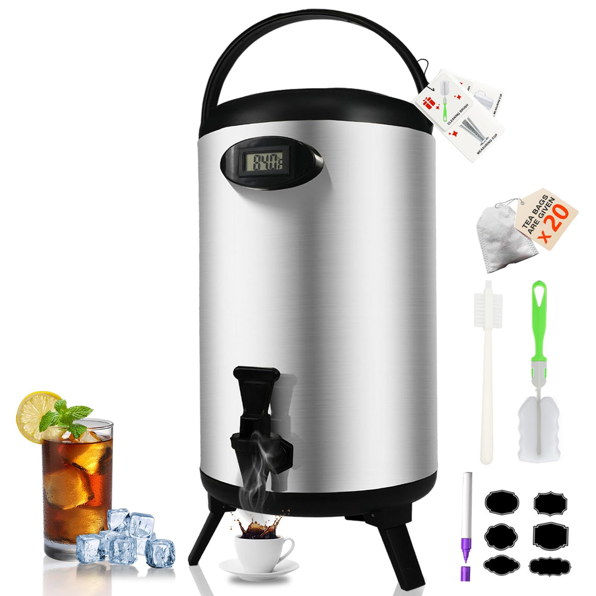 XVEZUA insulated dispenser front view, ideal for self-serve beverages at gatherings.