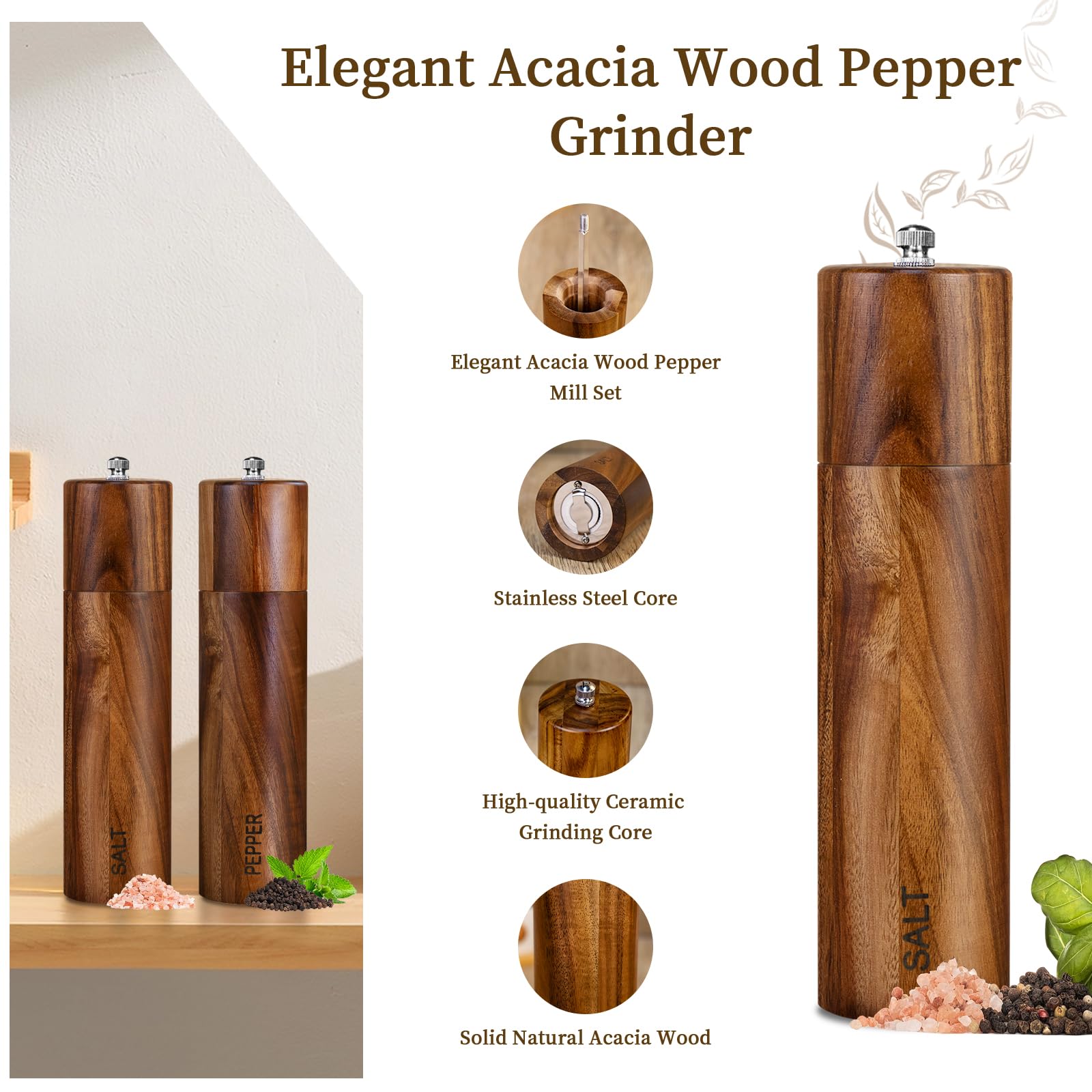XWXO Acacia grinder highlighting ceramic core and wood finish for high-quality seasoning.