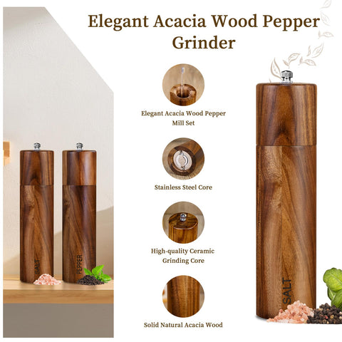 XWXO Acacia grinder highlighting ceramic core and wood finish for high-quality seasoning.