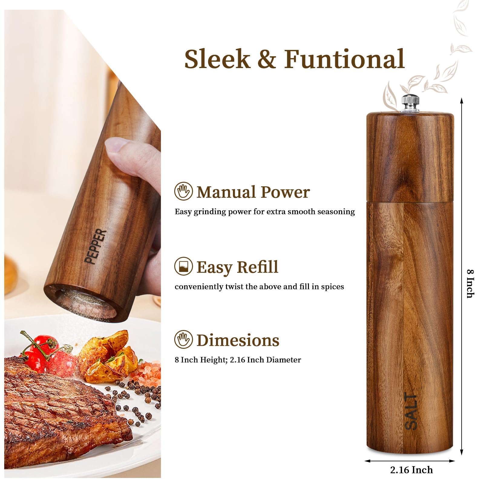 XWXO Acacia pepper grinder 8-inch featuring adjustable coarseness for fresh ground spice.