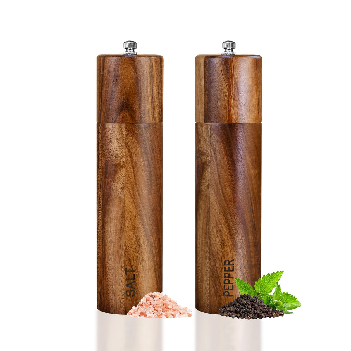 XWXO Acacia salt grinder 8-inch with ceramic core for precise seasoning control.