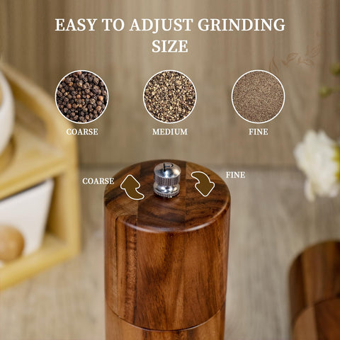 XWXO Acacia salt pepper mills with stainless steel accents for stylish table use.