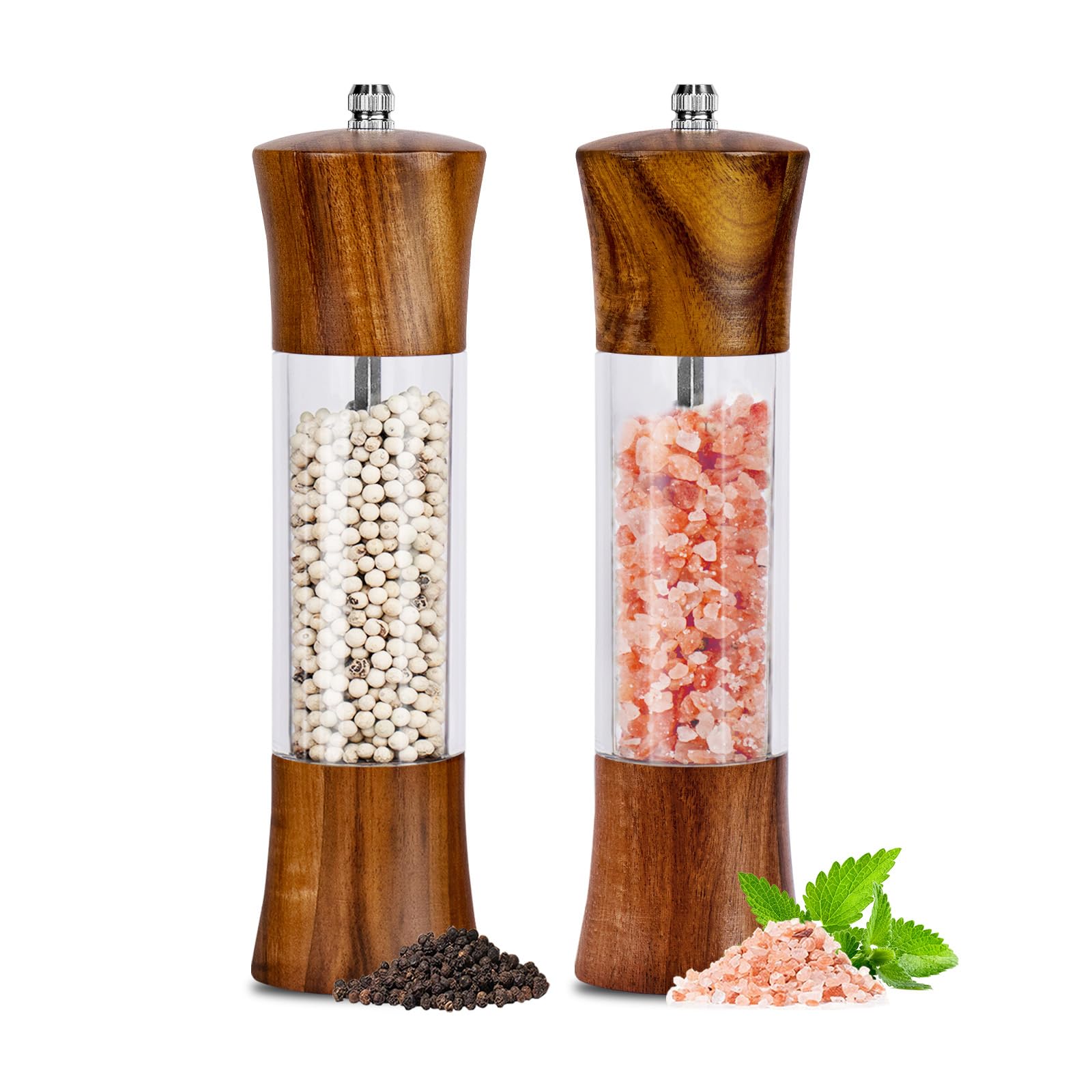 XWXO salt and pepper mills with clear acrylic body and acacia wood finish for stylish use