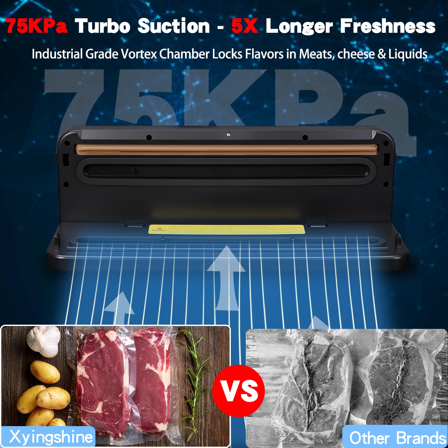Xyingshine vacuum sealer 75kpa suction keeps flavors locked longer for leftovers.