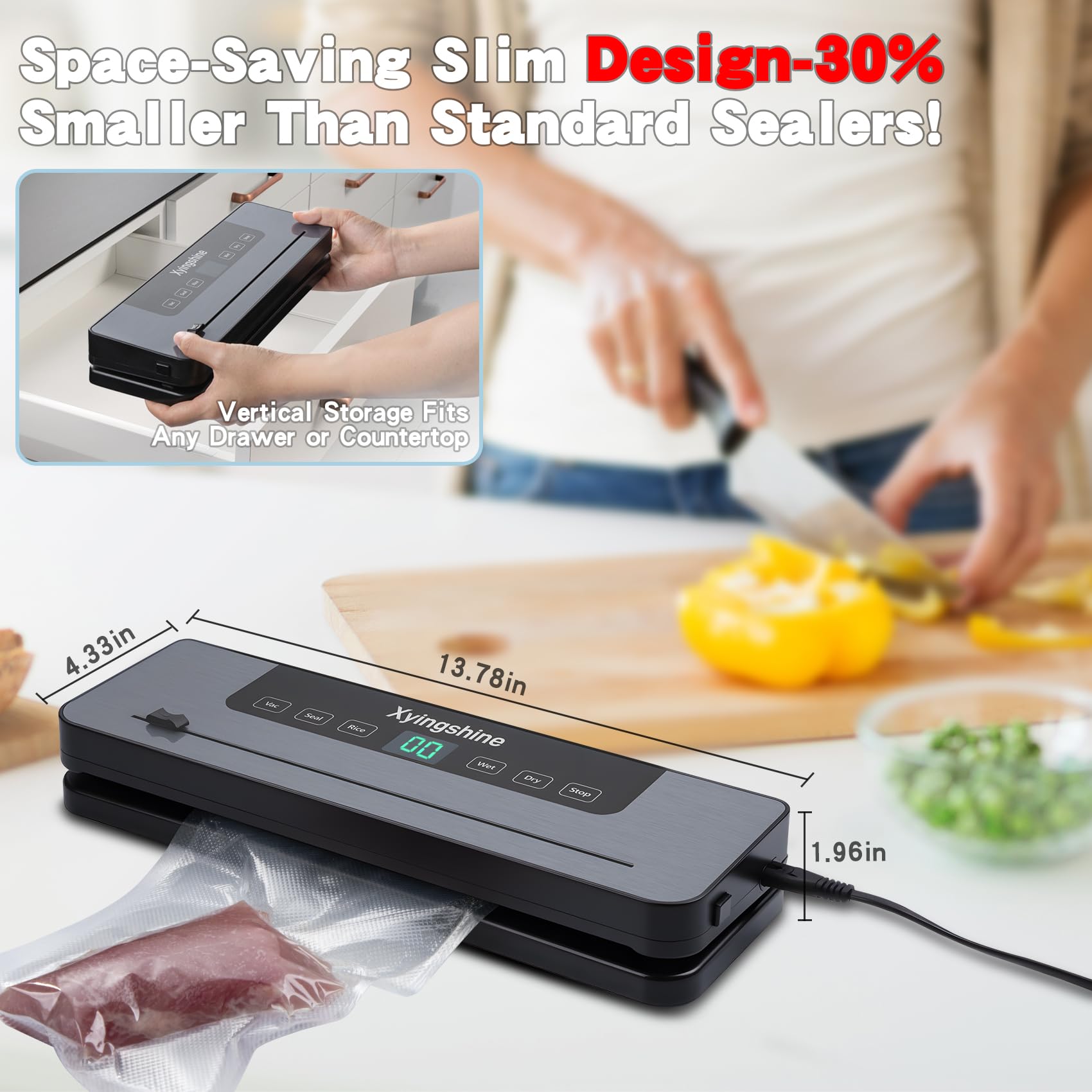 Xyingshine vacuum sealer built-in cutter speeds prep and reduces waste.