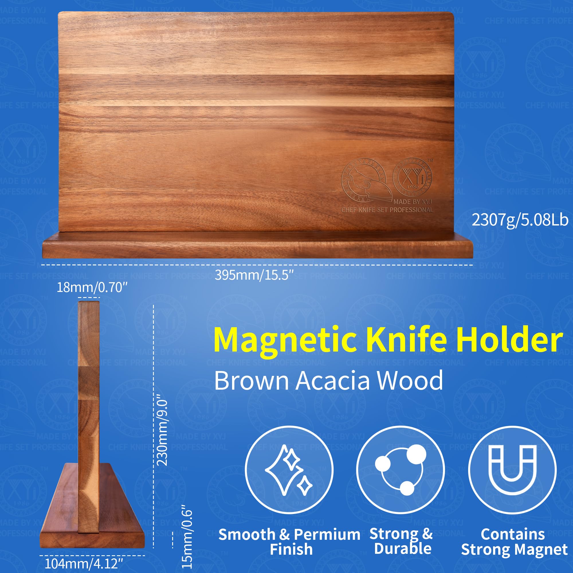 XYJ acacia wood knife block highlights natural grain and durable finish for long-lasting use.
