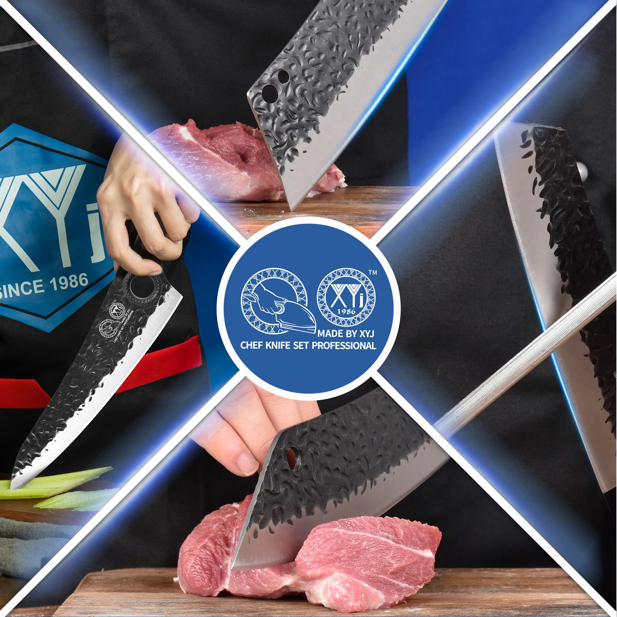 XYJ chef knife in use for precise dicing and prep.