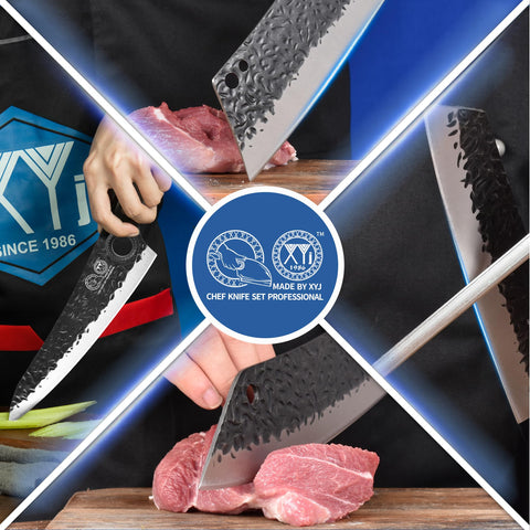 XYJ chef knife in use for precise dicing and prep.