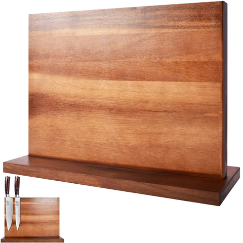 XYJ extra-large knife block on acacia stand showing organized blades and warm wood grain