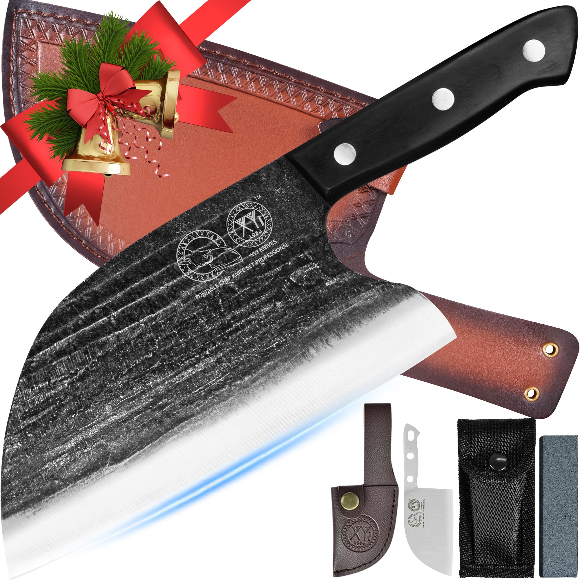 XYJ full-tang Serbian chef knife delivering precise slicing and balance.