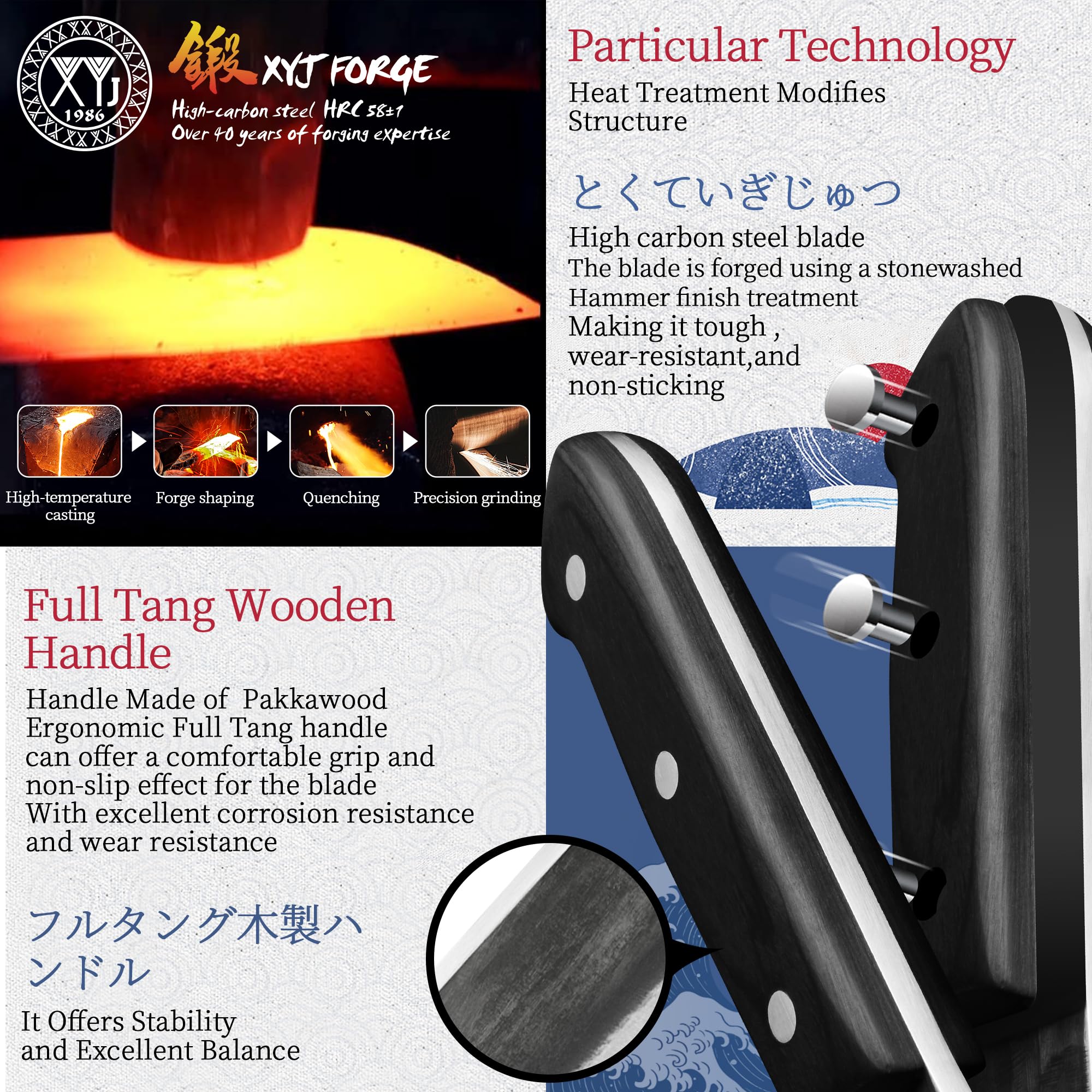 XYJ hammered texture blade reduces sticking for smoother chopping.