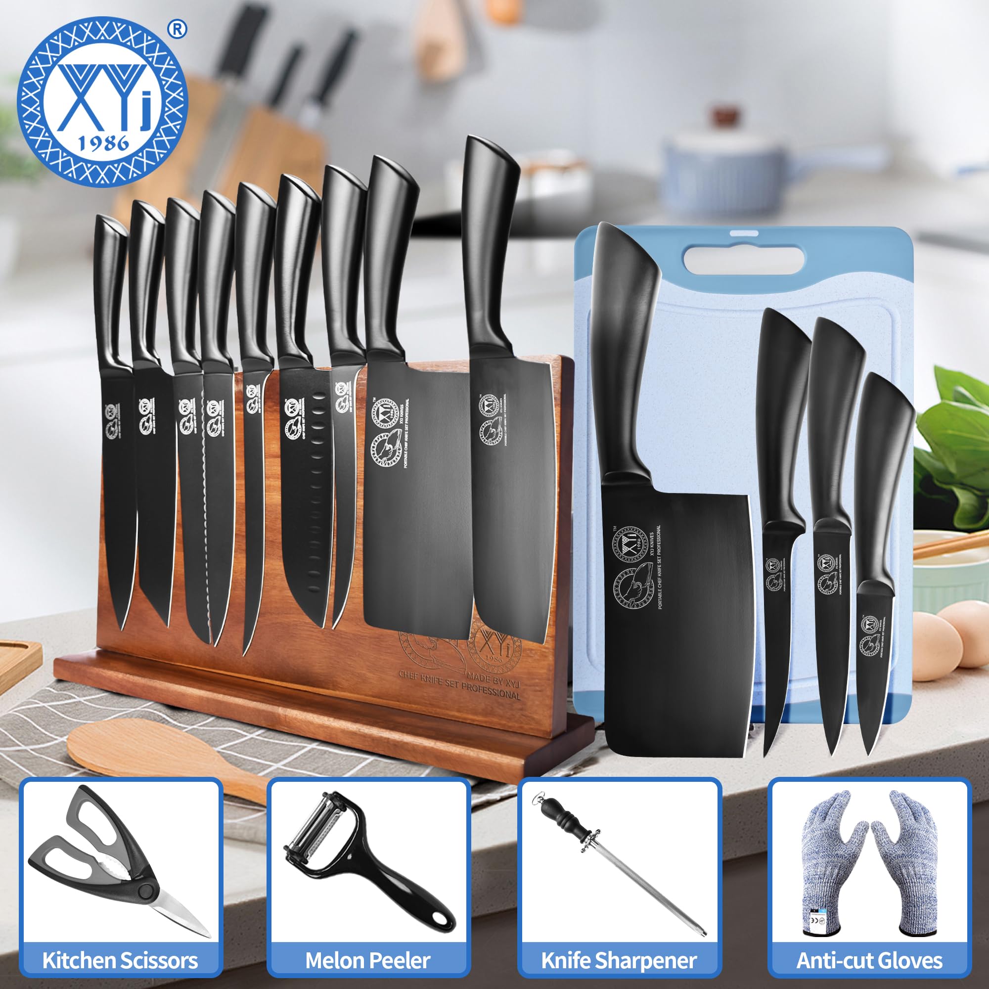 XYJ magnetic knife block keeps knives organized on the countertop