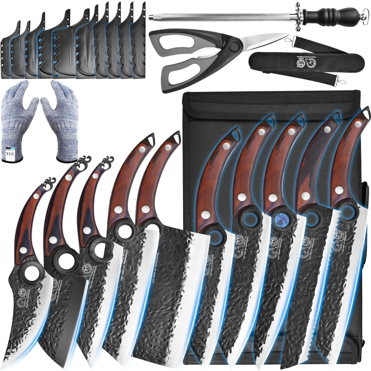 XYJ professional knife set blades close-up, highlighting precision cutting.