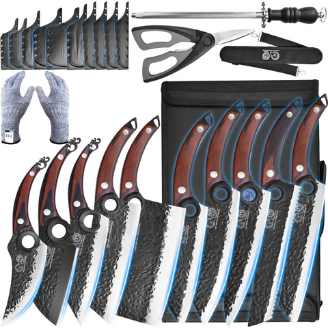 XYJ professional knife set blades close-up, highlighting precision cutting.