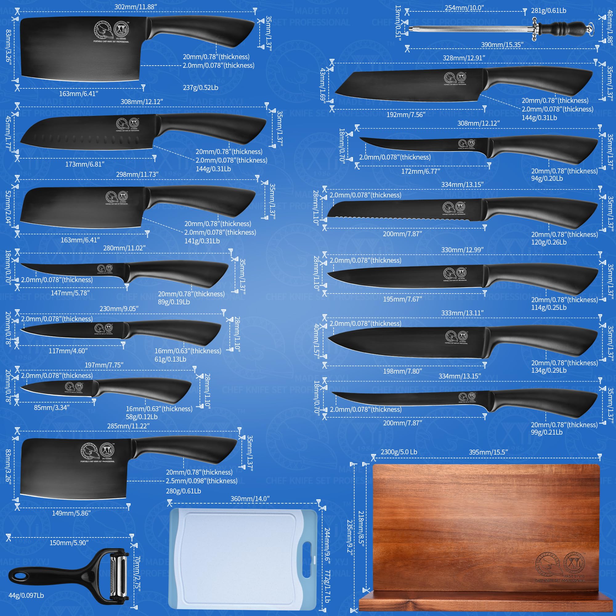 XYJ stainless steel chef knife collection beside cutting board for versatile meal prep