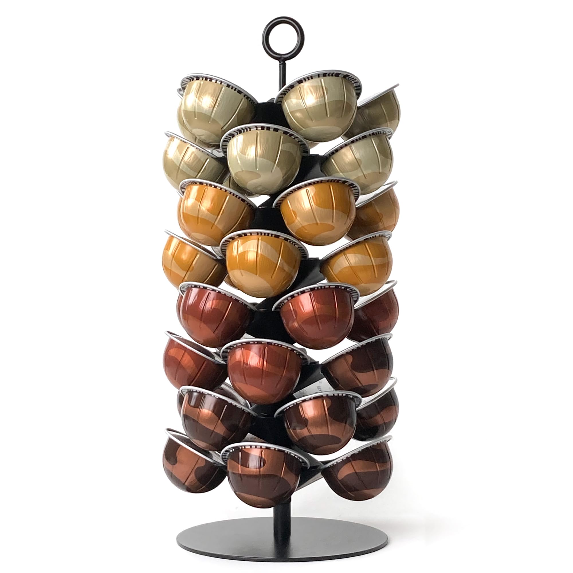 Xympo coffee pod carousel for Vertuo capsules holds 40 pods neatly on display.