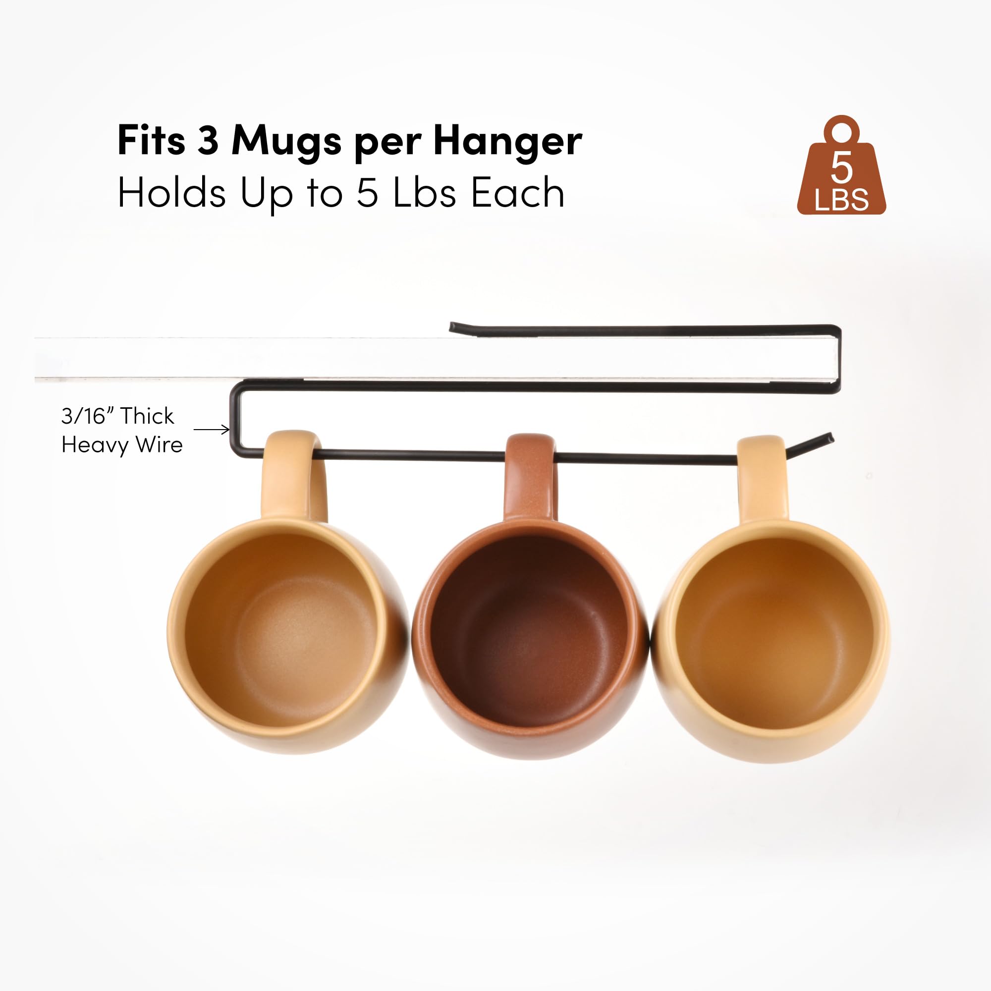 Xympo under-shelf mug hooks keep mugs organized and accessible.