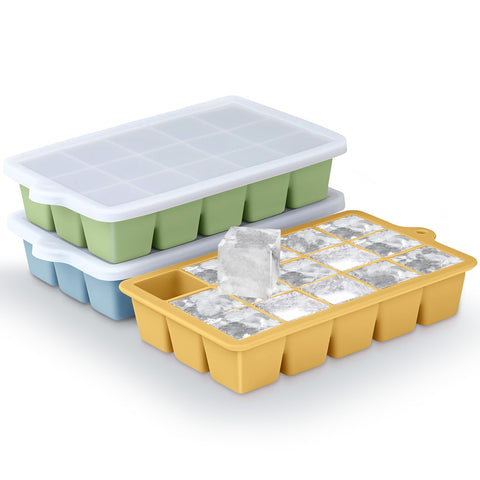 Xyuetia silicone ice tray 3-pack showing stacked trays for freezer organization.