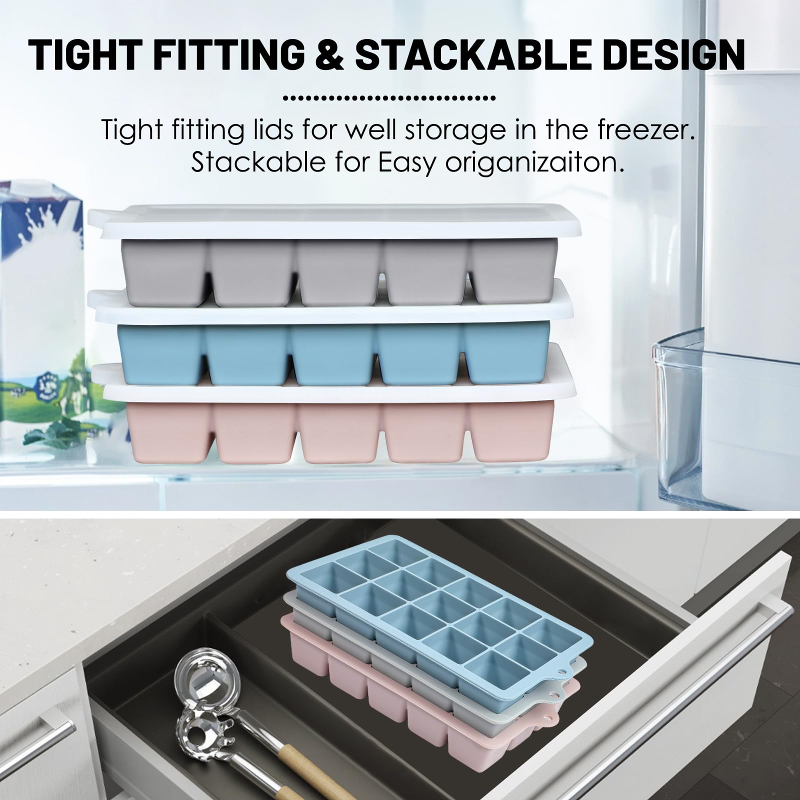 Xyuetia silicone ice tray with lid on blue, keeps cubes fresh.