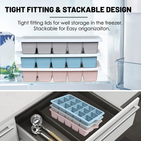 Xyuetia silicone ice tray with lid on blue, keeps cubes fresh.