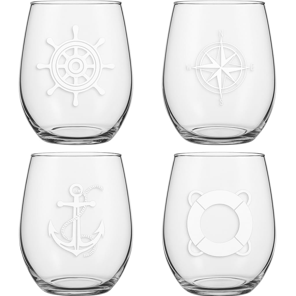 XYZ Boat Supplies stemless wine glass with anchor design, ideal for boats and outdoor entertaining.