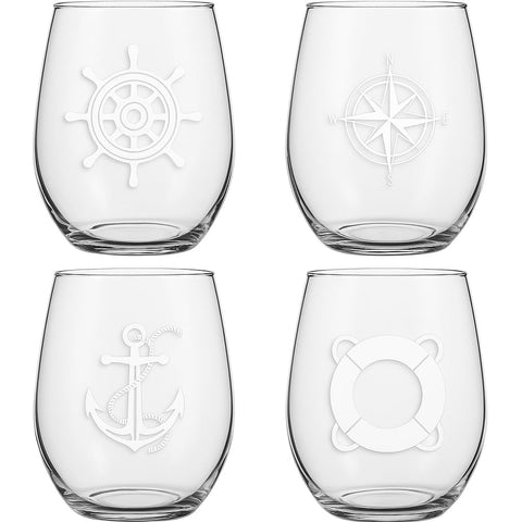 XYZ Boat Supplies stemless wine glass with anchor design, ideal for boats and outdoor entertaining.