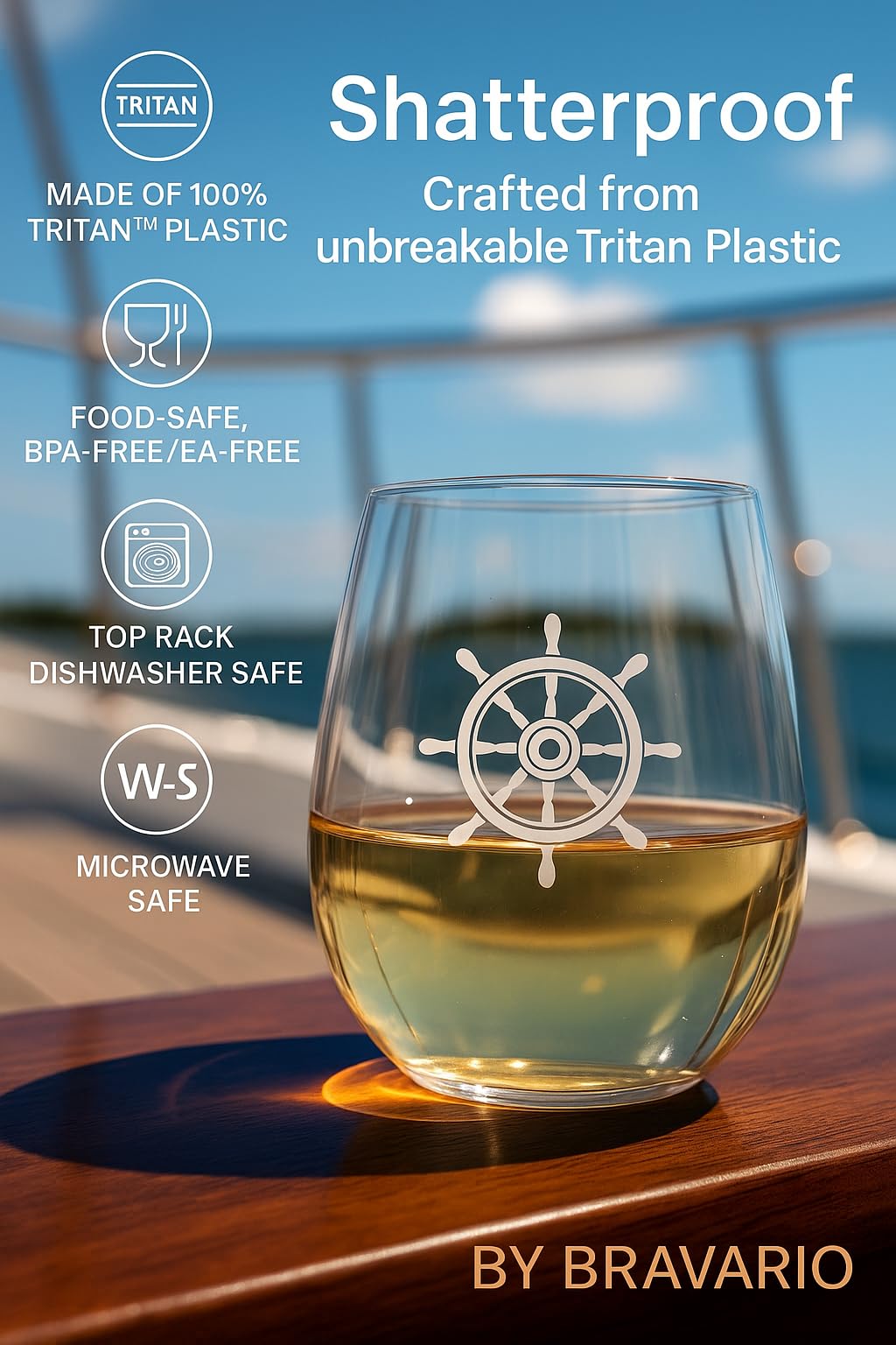 XYZ Boat Supplies stemless wine glass with compass design, perfect for identifying your glass on deck.