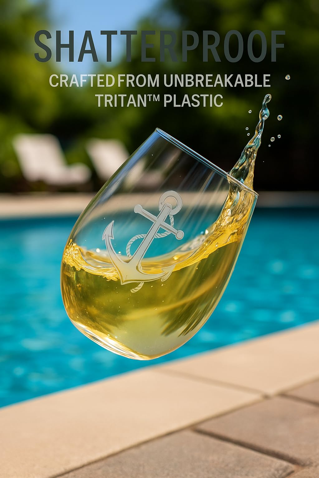 XYZ Boat Supplies stemless wine glass with helm design, adds nautical charm to outdoor gatherings.
