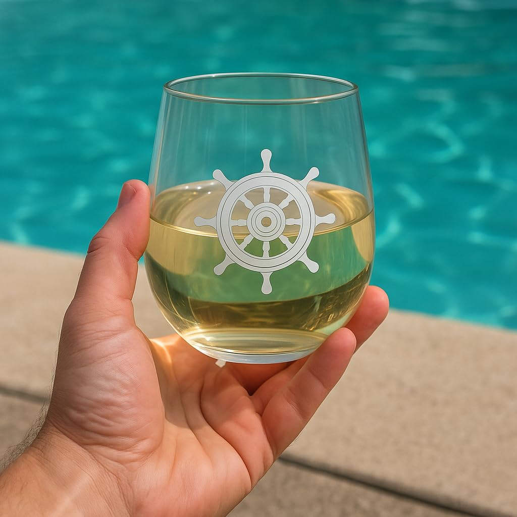 XYZ Boat Supplies stemless wine glass with life ring design, a stylish maritime touch for poolside sips.