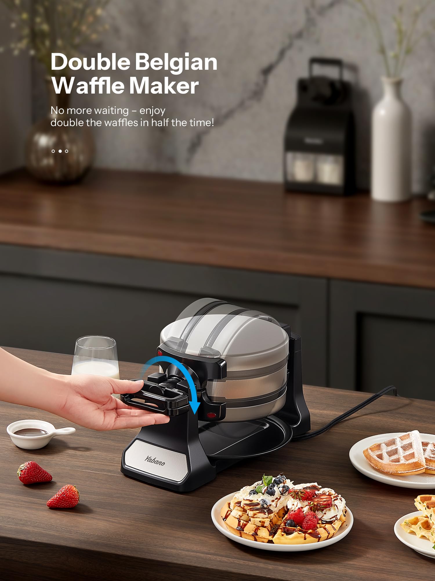 Yabano double-flip waffle iron cooks two waffles at once for quick breakfasts