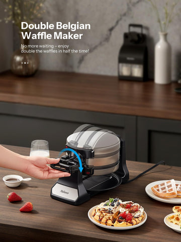 Yabano double-flip waffle iron cooks two waffles at once for quick breakfasts