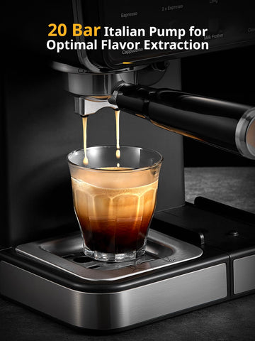 Yabano espresso machine 20-bar pump delivers strong extraction and crema potential.