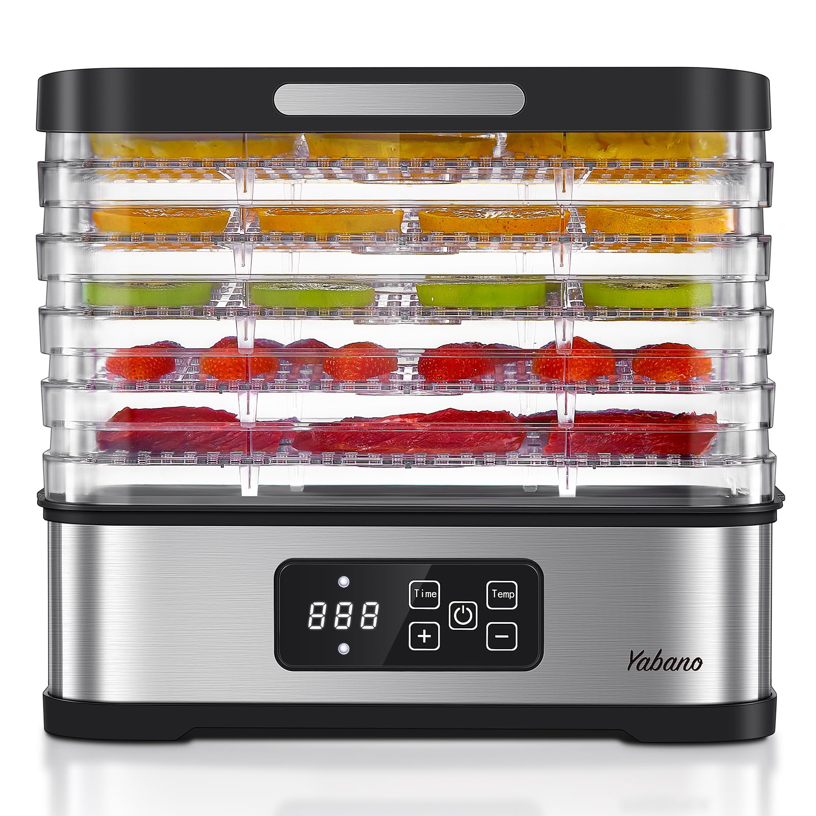 Yabano food dehydrator with 5 trays, front view for batch drying fruits and veggies.