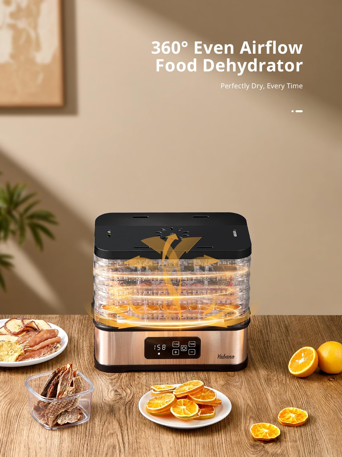 Yabano dehydrator digital controls for precise time and temperature settings.