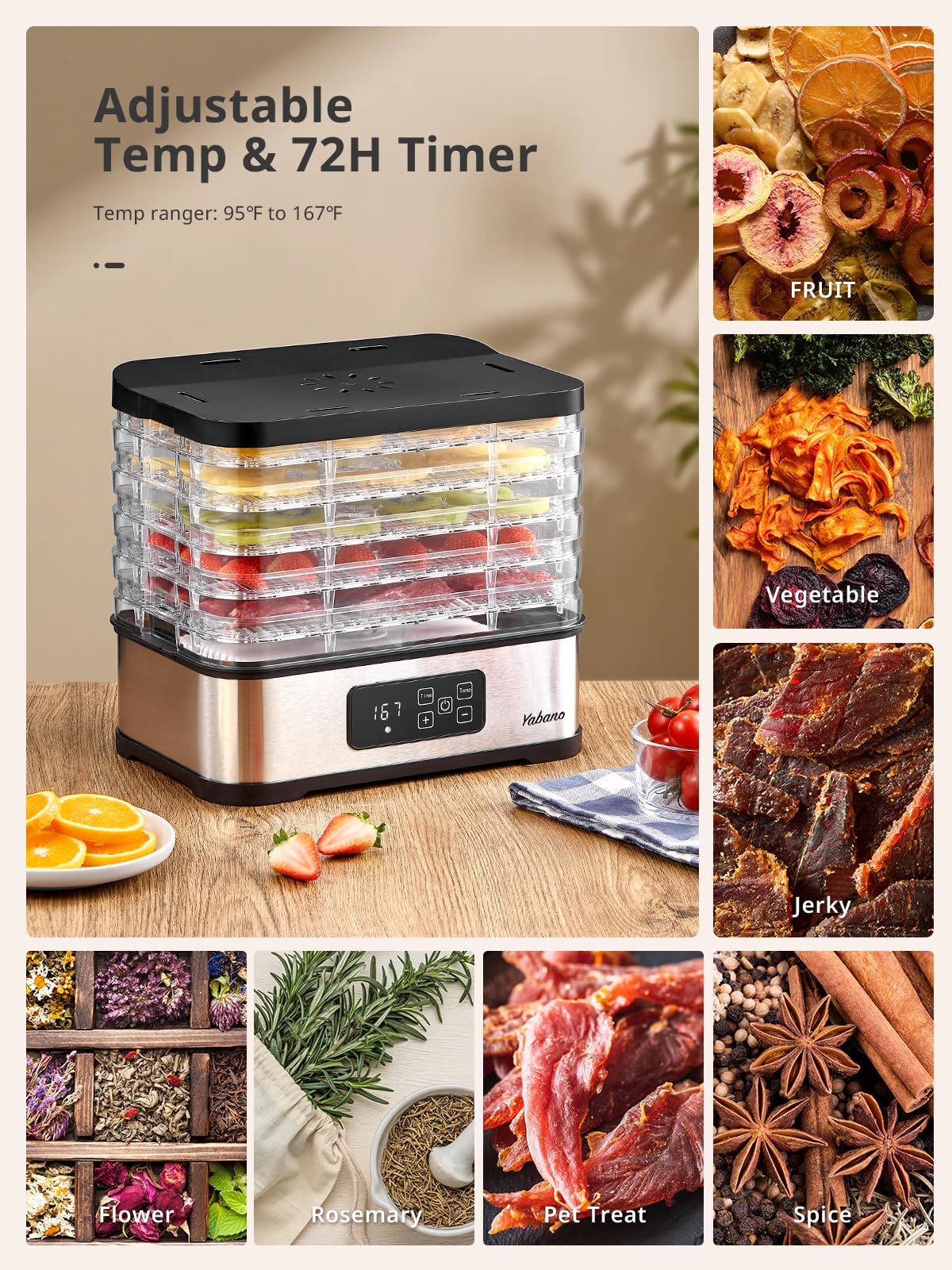 Yabano removable trays simplify loading, cleaning, and storage.