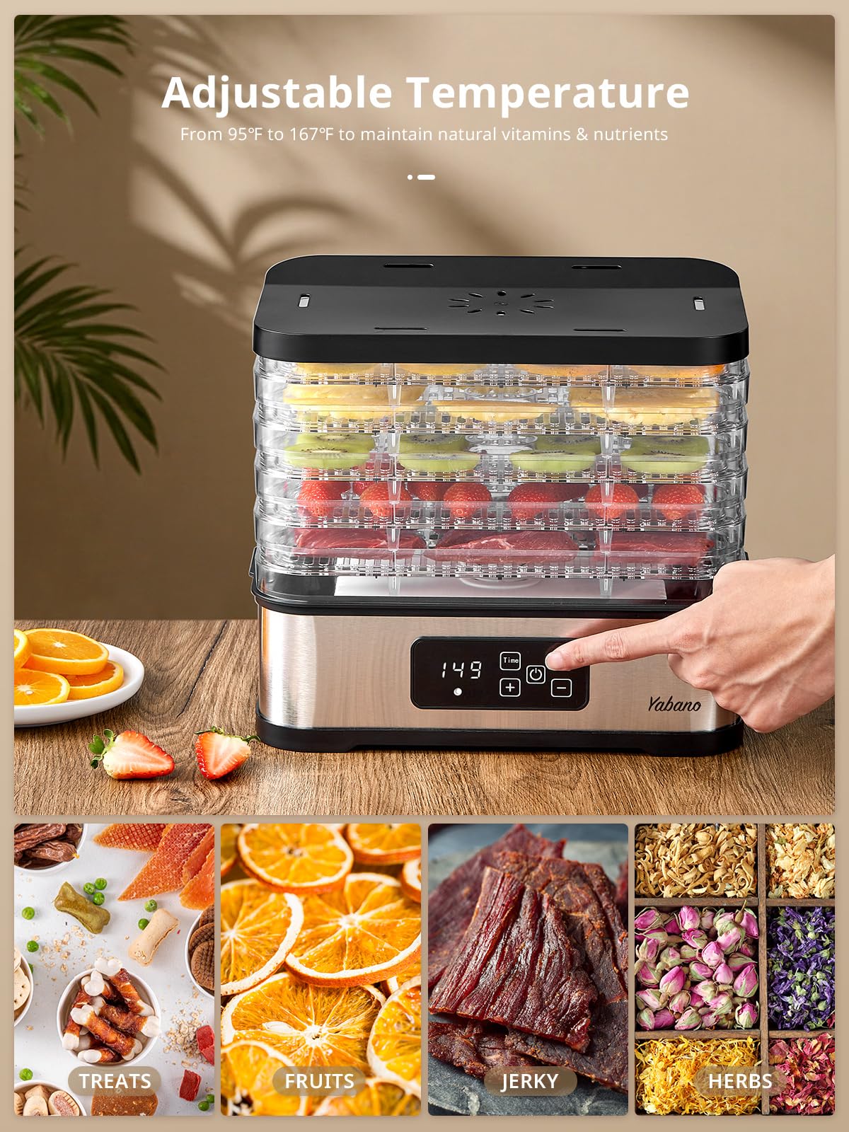 Yabano dehydrator top-mounted fan for even heat distribution.