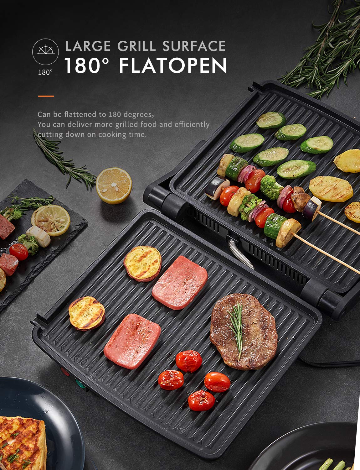 Yabano Panini Press opened flat at 180 degrees for extra grilling area