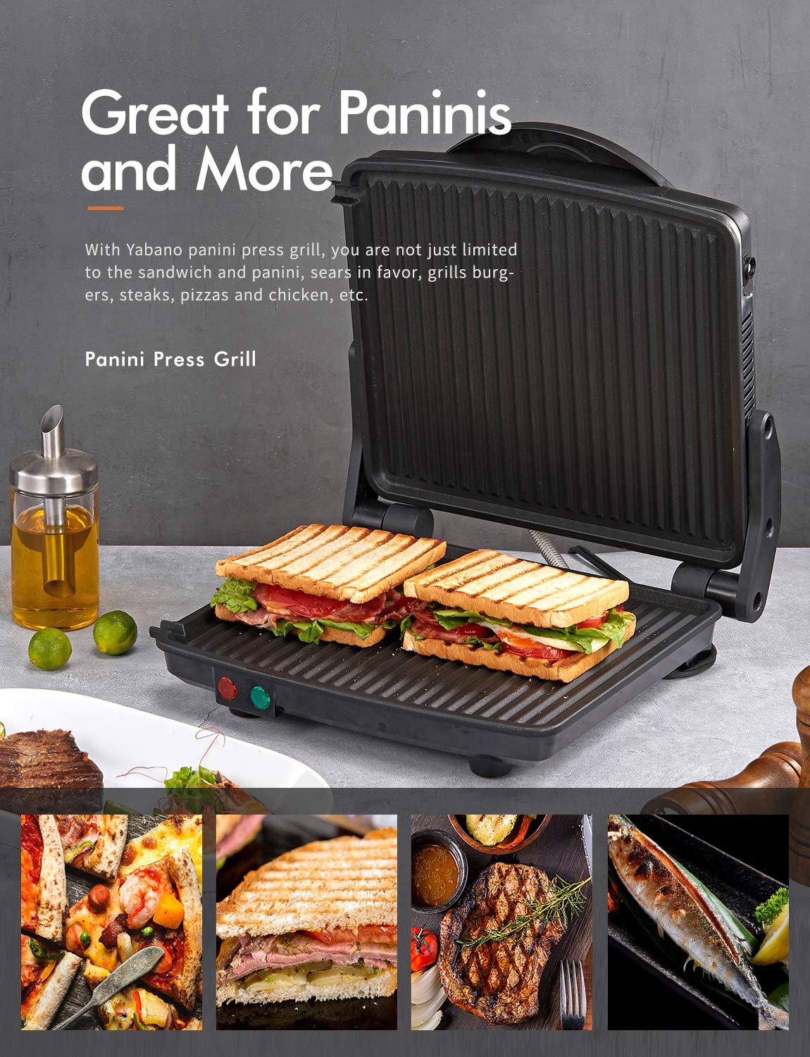 Yabano Panini Press with non-stick coating for easy release and cleaning
