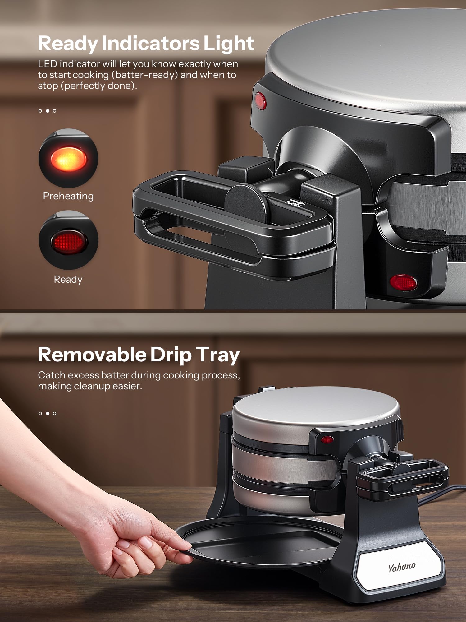 Yabano removable drip tray catches batter overflow for a cleaner countertop